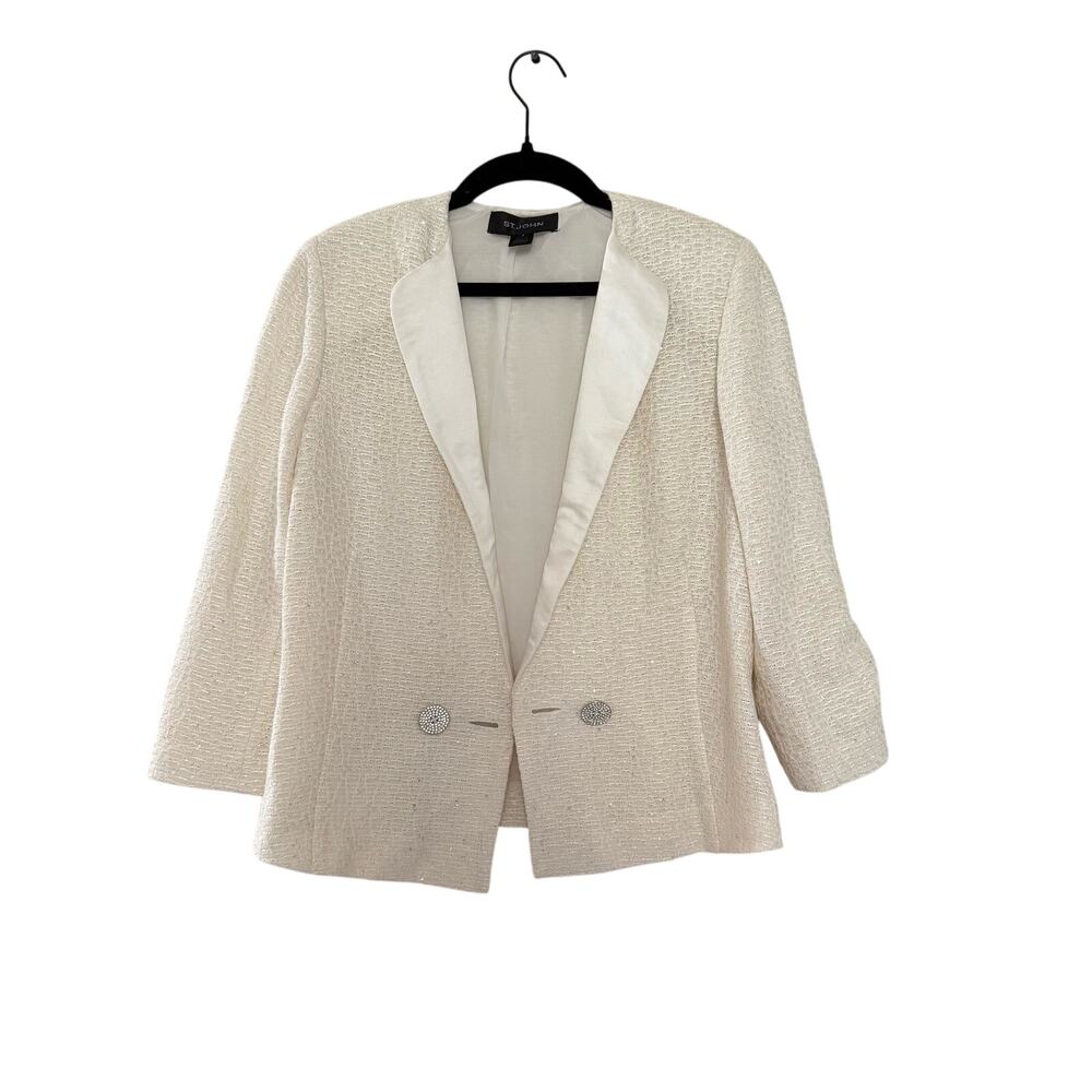 St John Sparkly White Wool and Silk Blend Tweed Formal Blazer Jacket sz 2